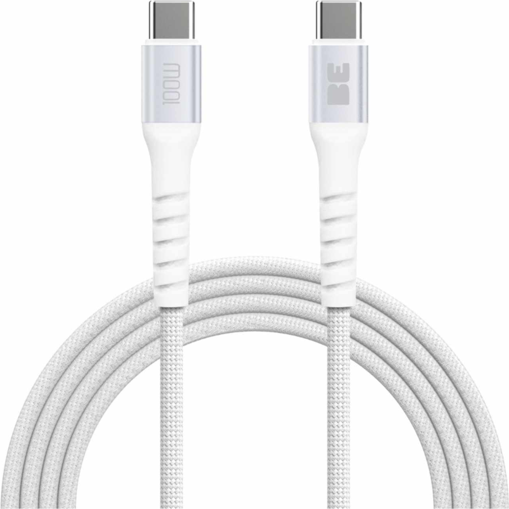 Câble USB-C vers USB-C tressé pour recharge et synchronisation, 1,8 m, 100 W, blanc