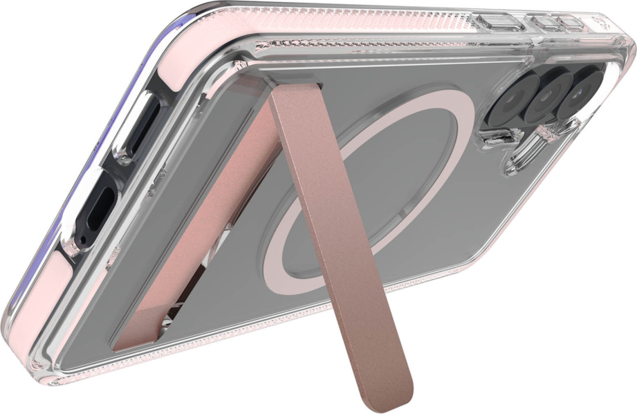 The ZAGG Santa Cruz Snap is a transparent case with pops of color that accent its design. It offers 13-foot drop protection, a sturdy kickstand that folds flush with the case.