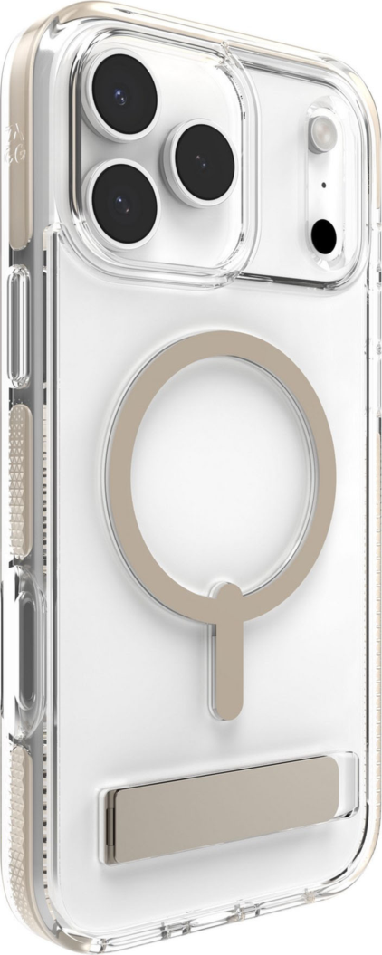 The ZAGG Santa Cruz Snap is a transparent case with pops of color that accent its design. It offers 13-foot drop protection, a sturdy kickstand that folds flush with the case, and is MagSafe compatible.