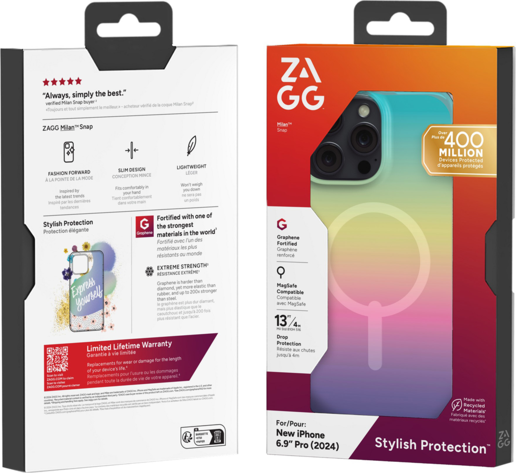 Strengthened with Graphene, ZAGG's Milan Snap series case is a perfect combination of fashion and tech - from the dazzling design to 13 ft drop protection and seamless MagSafe compatibility.