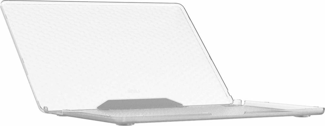 The UAG Essential Armor for Apple MacBooks is a one-piece, featherlight case featuring a translucent design, tactile grip, MIL-STD drop protection, and cooling vents for optimized performance.