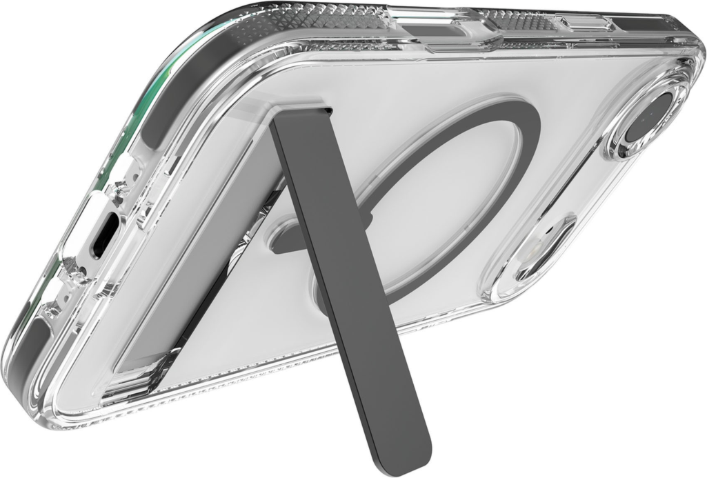 The ZAGG Santa Cruz Snap is a transparent case with pops of color that accent its design. It offers 13-foot drop protection, a sturdy kickstand that folds flush with the case, and is MagSafe compatible.