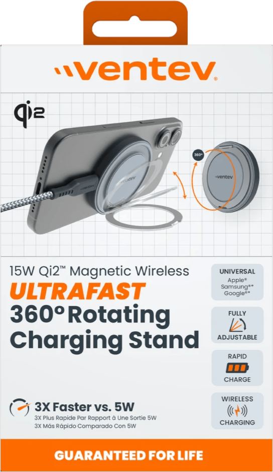 Ventev Q2STDGRY182768 Chargeur Magnétique sans Fil Qi2 de 15W avec Support Argent