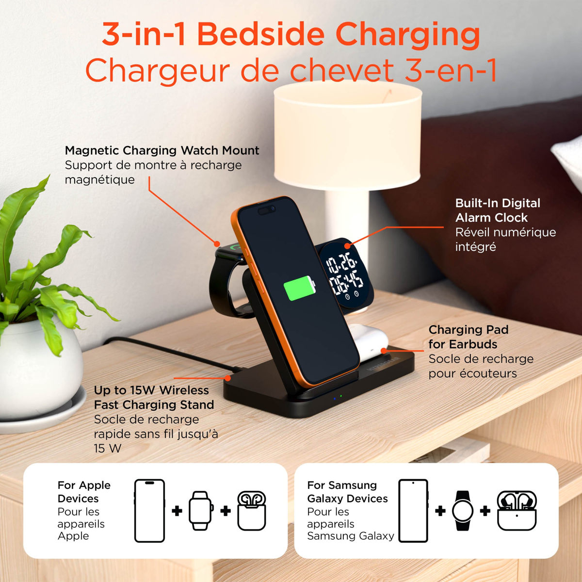 HyperGear PowerFold 24/7 Charging Stand combines wireless charging, a digital alarm clock, and a foldable stand design to keep devices powered and visible day or night.