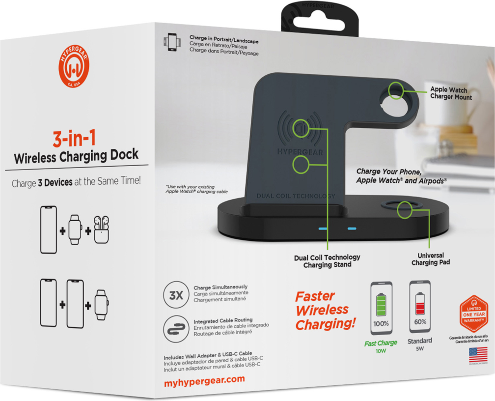 Stylish and compact, the 3-in-1 HyperGear Wireless Charging Dock is perfect for your tabletop, desk or nightstand and will effortlessly charge your everyday essentials in one convenient place.