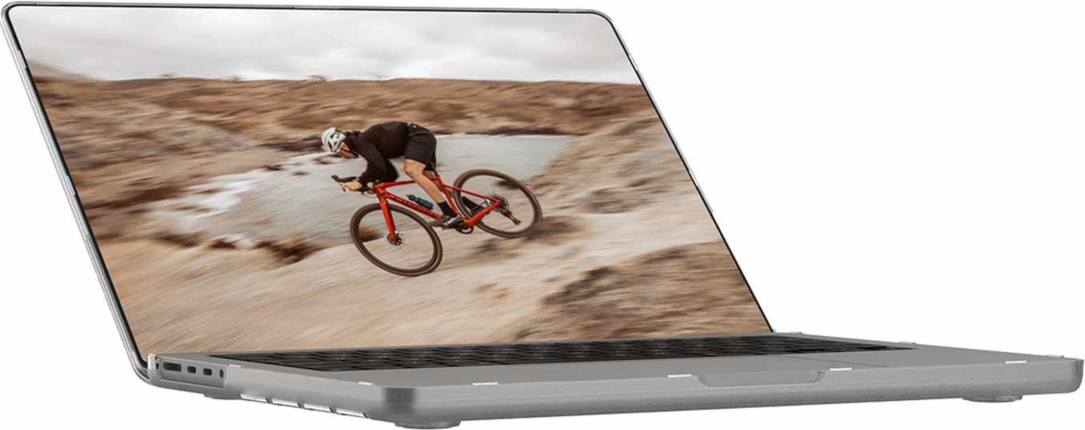 The UAG Essential Armor for Apple MacBooks is a one-piece, featherlight case featuring a translucent design, tactile grip, MIL-STD drop protection, and cooling vents for optimized performance.