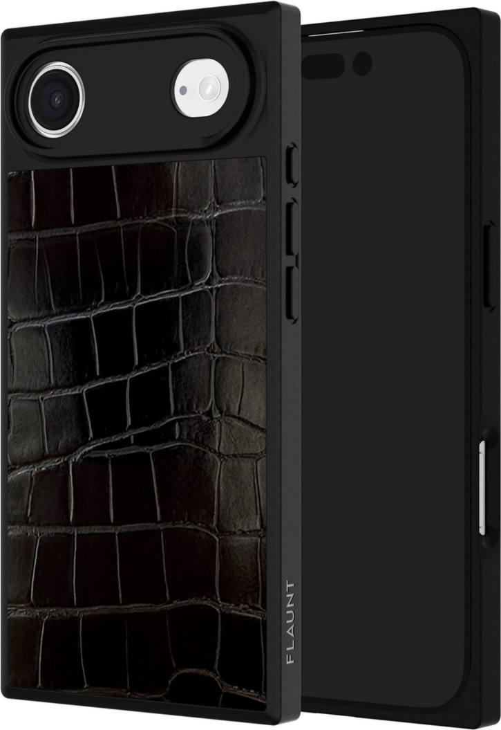 The FLAUNT SQUARE® Faux Leather case offers sleek, chic protection with a patent-pending square design and cushioned corners for enhanced shock absorption, featuring 12ft drop test protection.