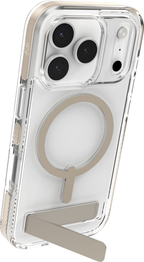 The ZAGG Santa Cruz Snap is a transparent case with pops of color that accent its design. It offers 13-foot drop protection, a sturdy kickstand that folds flush with the case, and is MagSafe compatible.