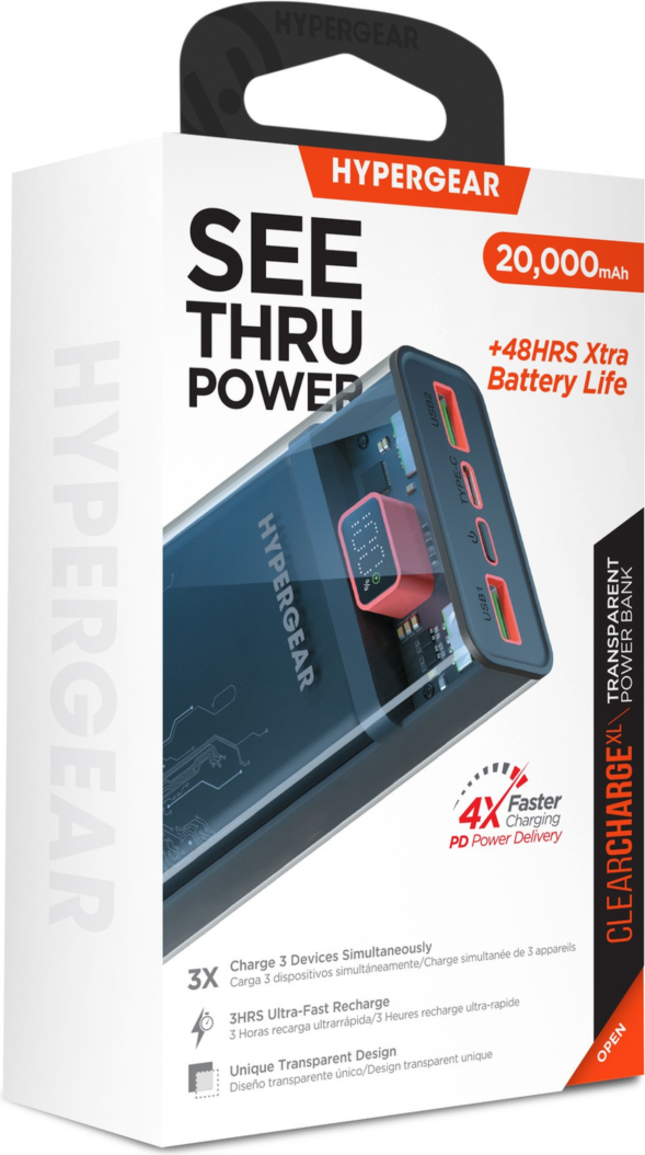<p>The HyperGear 20,000 mAh Transparent Fast Charge Power Bank charges 3 devices at once, delivering up to 22.5W of combined power with a USB-C PD port and two USB-A fast charging ports.</p>