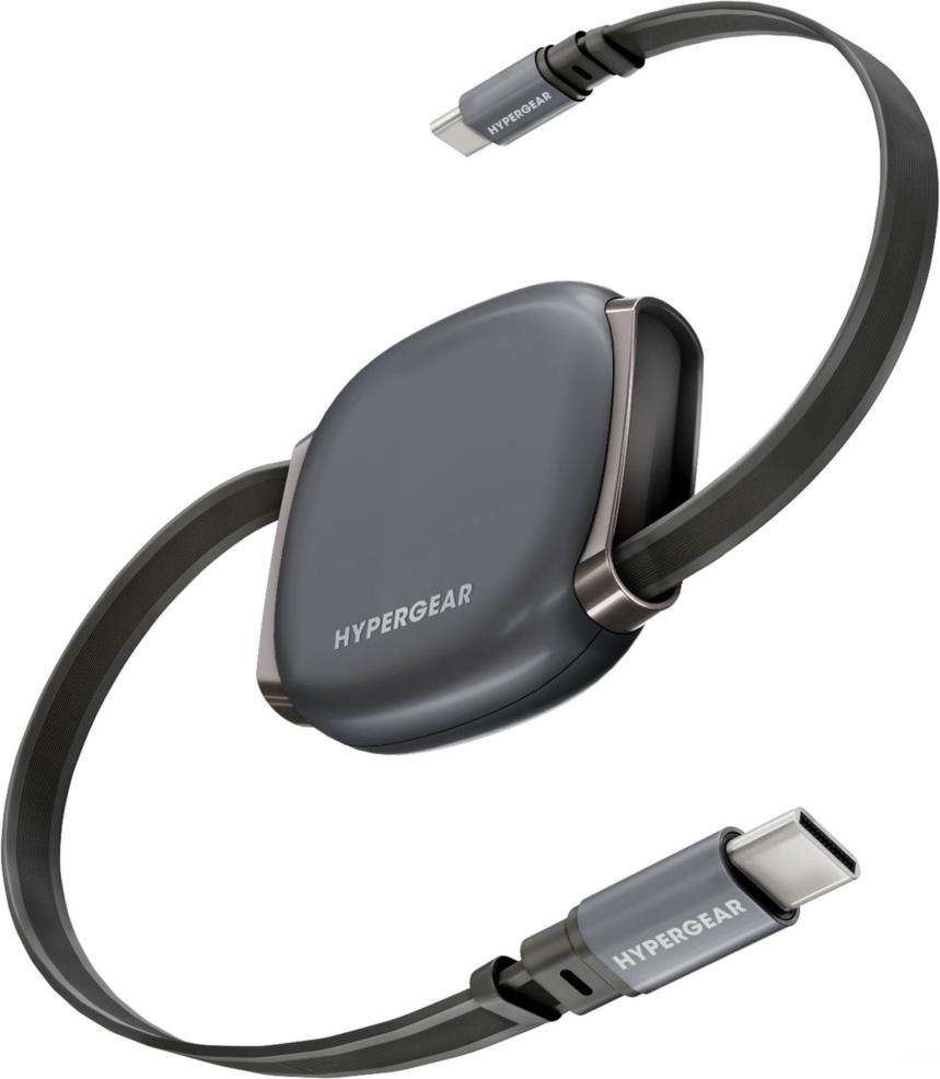 HyperGear FlexiGo 100W USB-C to USB-C Retractable Cable delivers up to 100W USB-C Power Delivery with a compact, retractable design for organized charging on the go.
