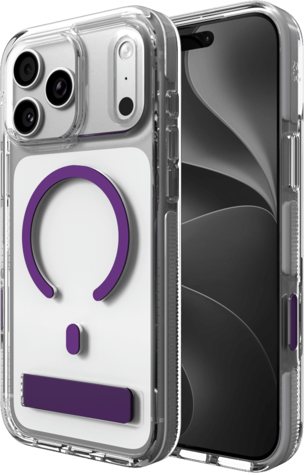 The ZAGG Santa Cruz Snap is a transparent case with pops of color that accent its design. It offers 13-foot drop protection, a sturdy kickstand that folds flush with the case, and is MagSafe compatible.