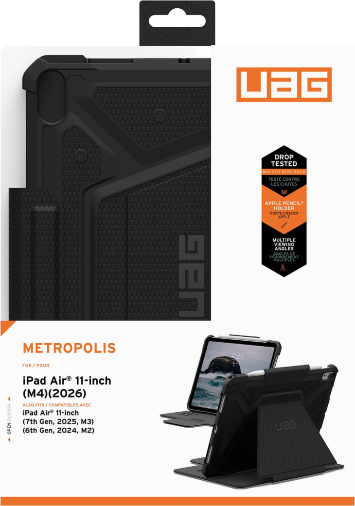 UAG Metropolis Tact.Armr is a rugged folio case with drop protection, adjustable stand functionality, magnetic closure, and premium tactile grip.