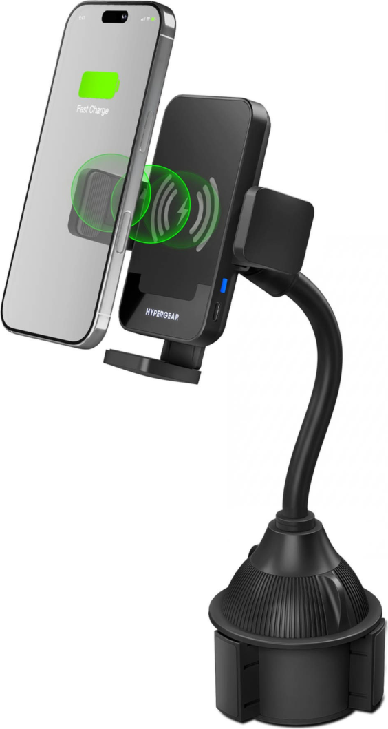 The HyperGear EZ Grip 15W Wireless Fast Charging Cup Holder Phone Mount securely holds and wirelessly fast charges compatible phones with adjustable cup holder mounting.
