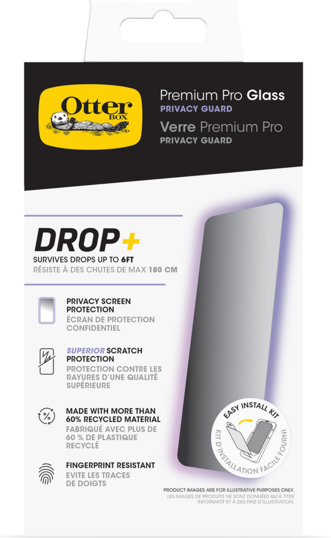 Made with high-strength glass, the Otterbox Premium Pro Glass Privacy Screen Protector protects displays and blocks unwanted viewing.