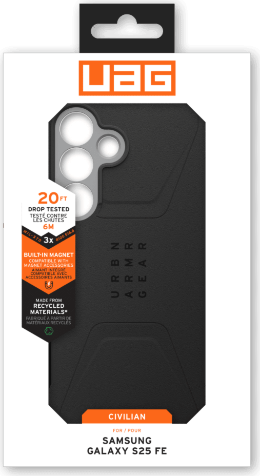 The UAG Civilian case is modern and rugged, featuring shock-absorbing construction in a lightweight design with a built-in magnetic module.