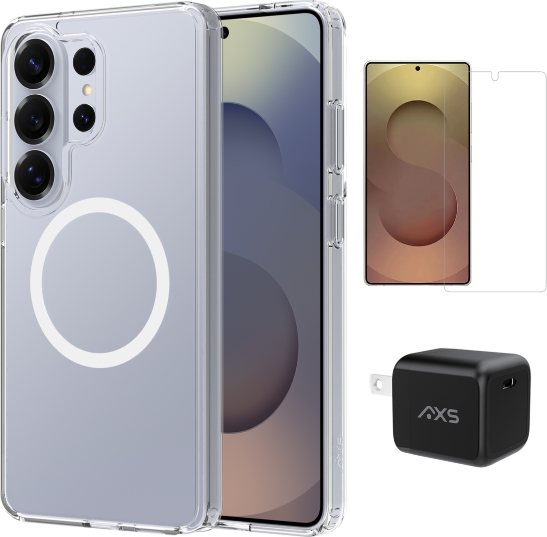 Kit de démarrage AXS | Coque MagSafe ultra-transparente, film de protection d'écran et chargeur 30 W pour Samsung Galaxy S26 Ultra