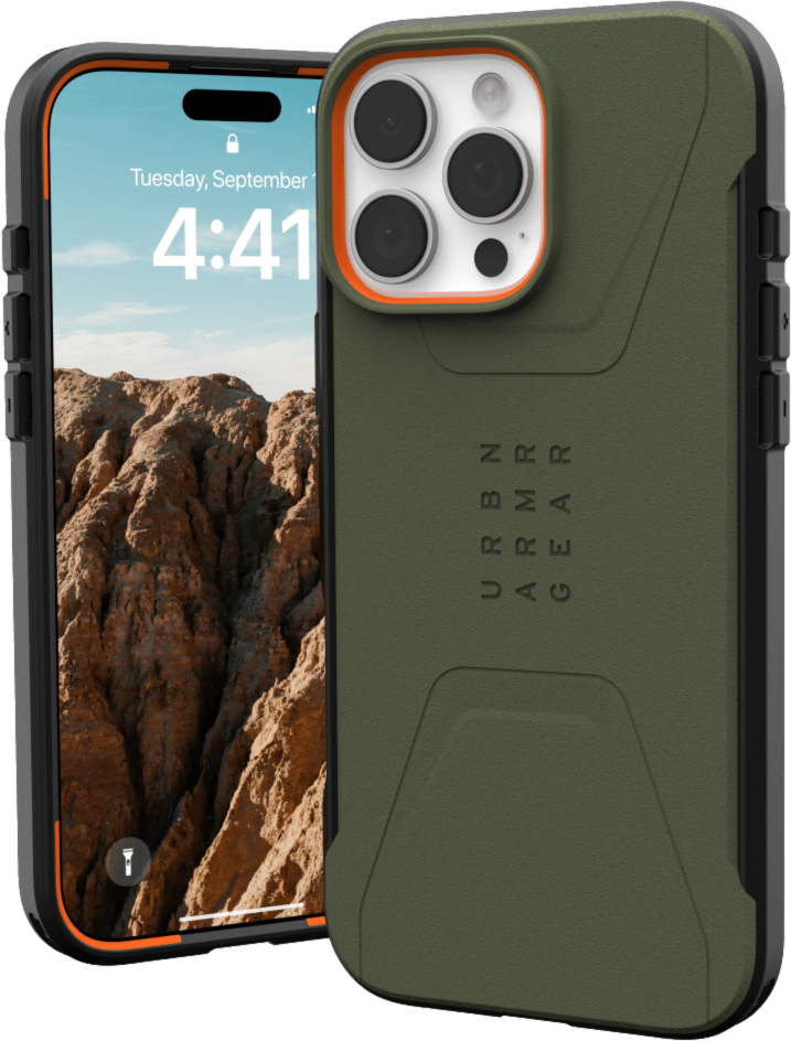 The modern yet rugged UAG Civilian case features shock absorbing construction in a lightweight design that is compatible with MagSafe charging.