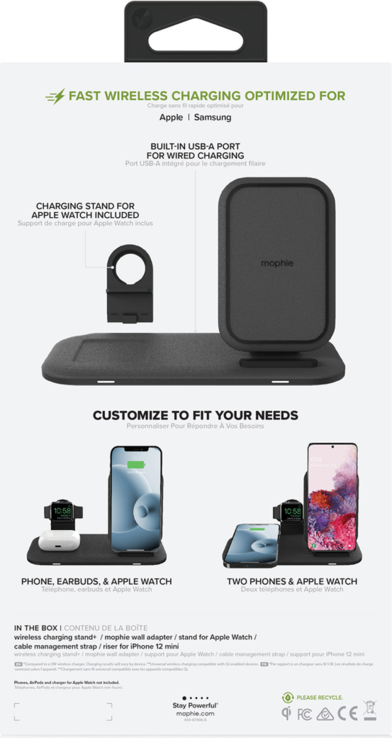 Charge up to three devices at once with mophie's Wireless Charging Pad, featuring a 15W charging cradle and a USB-A port for wired charging.