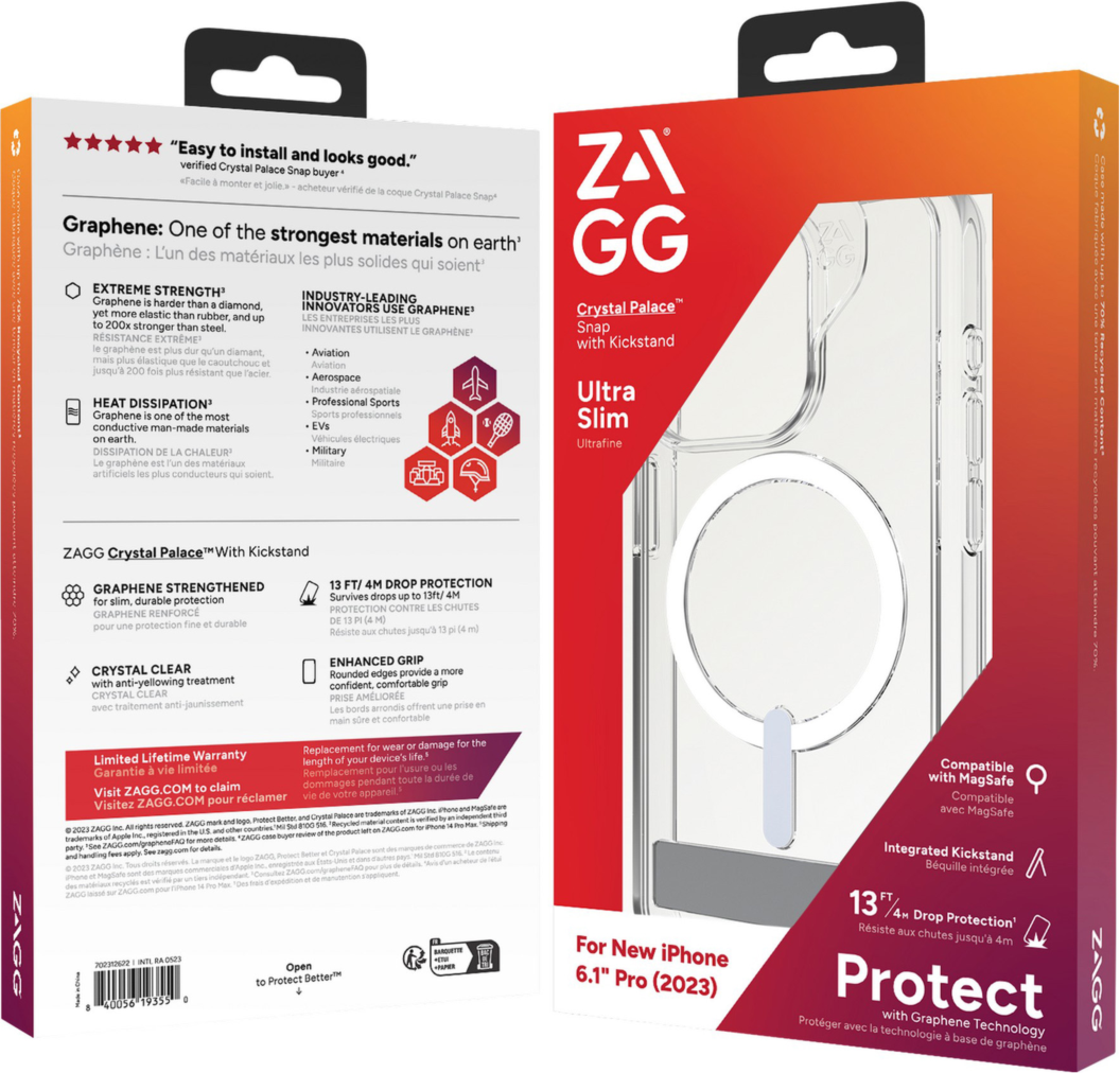 Strengthened with Graphene, ZAGG's Crystal Palace Snap series case with kickstand combines an ultra-slim, crystal-clear profile with up to 13 ft drop protection and seamless MagSafe compatibility.