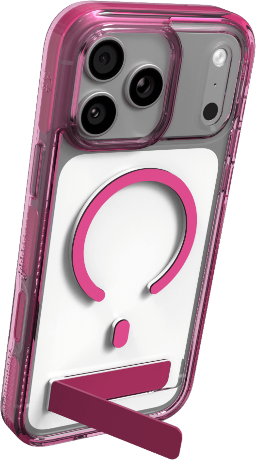 The ZAGG Santa Cruz Snap is a transparent case with pops of color that accent its design. It offers 13-foot drop protection, a sturdy kickstand that folds flush with the case, and is MagSafe compatible.