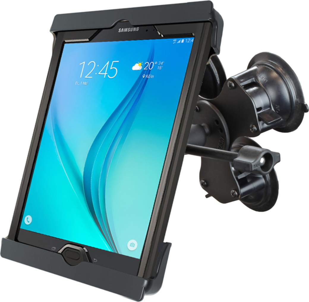 The RAM® Tab-Tite™ with RAM® Twist-Lock™ Triple Suction for 9"-10.5" Tablets is a triple suction cup base to keep the device secure and steady over all types of terrain.
