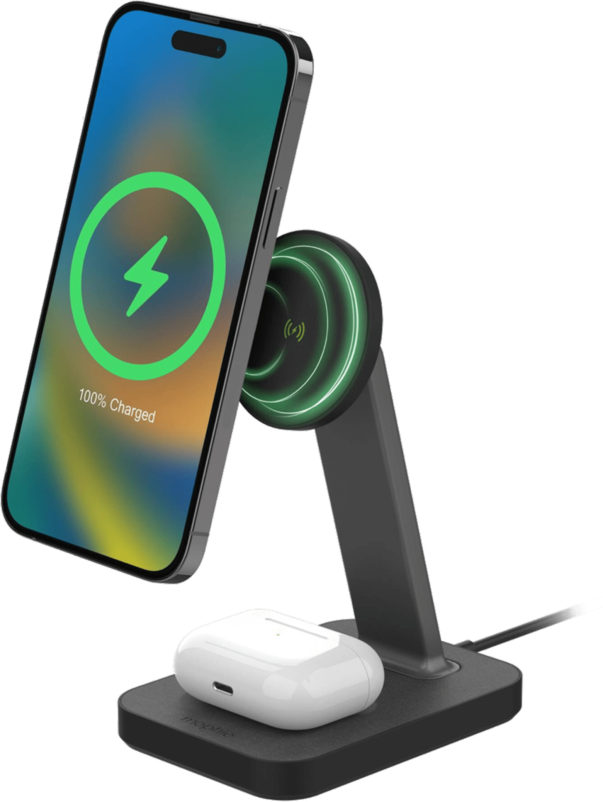 Mophie's snap+ charging stand & pad is MagSafe compatible and magnetically holds any Qi-enabled phone upright while delivering up to 7.5W-15W of wireless power.