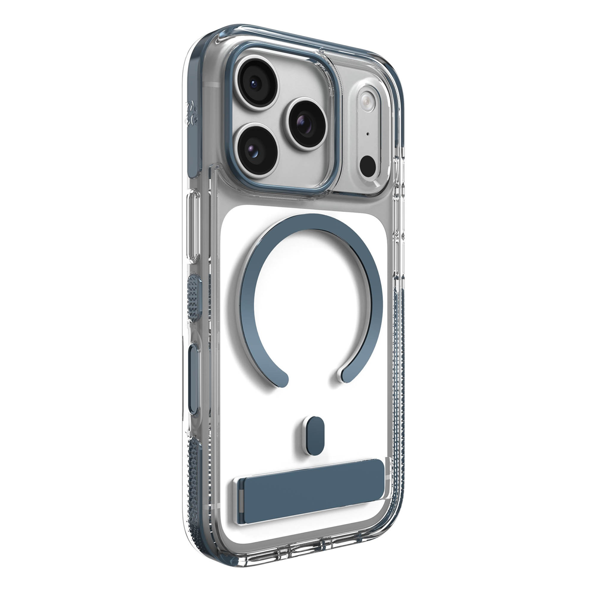 The ZAGG Santa Cruz Snap is a transparent case with pops of color that accent its design. It offers 13-foot drop protection, a sturdy kickstand that folds flush with the case, and is MagSafe compatible.