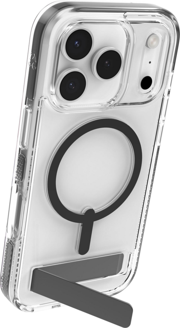 The ZAGG Santa Cruz Snap is a transparent case with pops of color that accent its design. It offers 13-foot drop protection, a sturdy kickstand that folds flush with the case, and is MagSafe compatible.