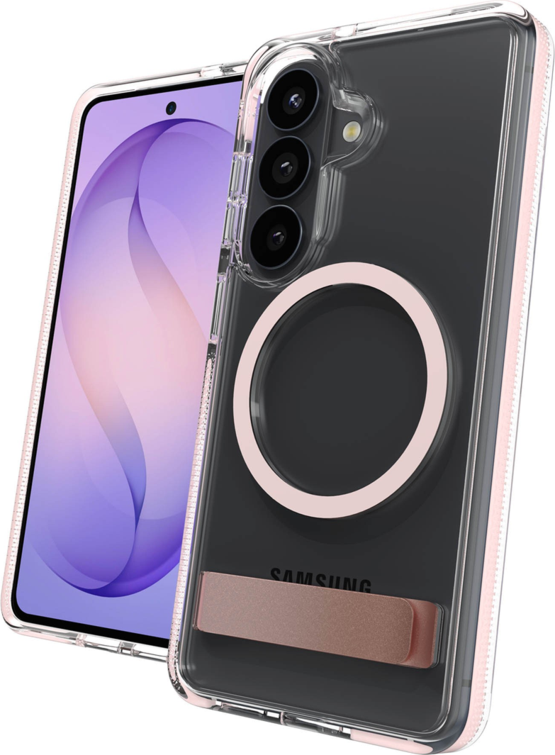The ZAGG Santa Cruz Snap is a transparent case with pops of color that accent its design. It offers 13-foot drop protection, a sturdy kickstand that folds flush with the case.