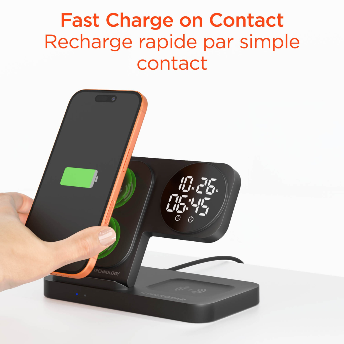 HyperGear PowerFold 24/7 Charging Stand combines wireless charging, a digital alarm clock, and a foldable stand design to keep devices powered and visible day or night.
