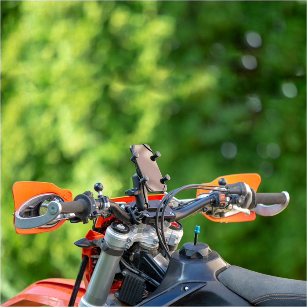 The RAM® X-Grip® Phone Mount features a Handlebar fitting U-Bolt base to accommodate rails from 0.5” to 1.25” diameter. Unit includes socket arm to easily get the phone where the user needs it.
