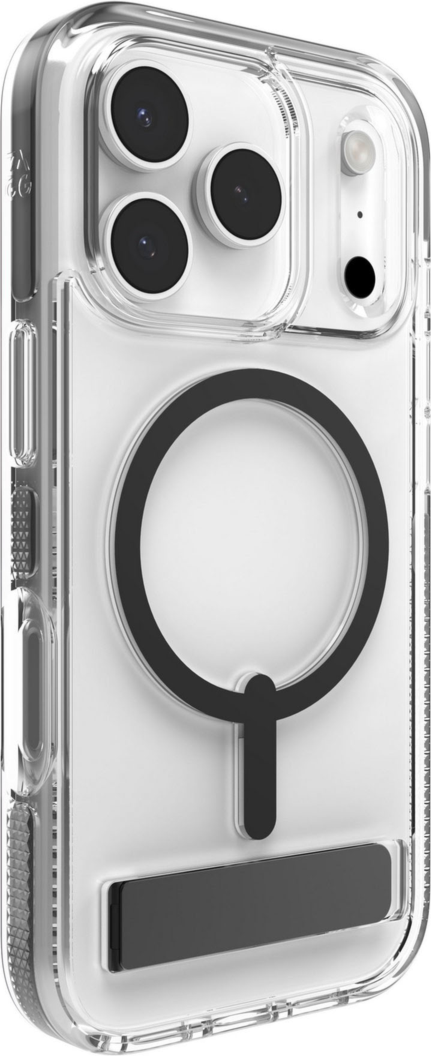 The ZAGG Santa Cruz Snap is a transparent case with pops of color that accent its design. It offers 13-foot drop protection, a sturdy kickstand that folds flush with the case, and is MagSafe compatible.