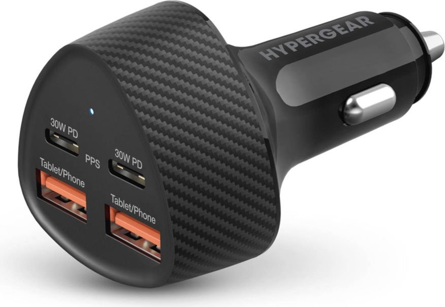 HyperGear SpeedBoost 77W Dual USB-C + Dual USB-A CLA Fast Charge Car Charger powers up to four devices simultaneously with 77W high-speed charging performance.