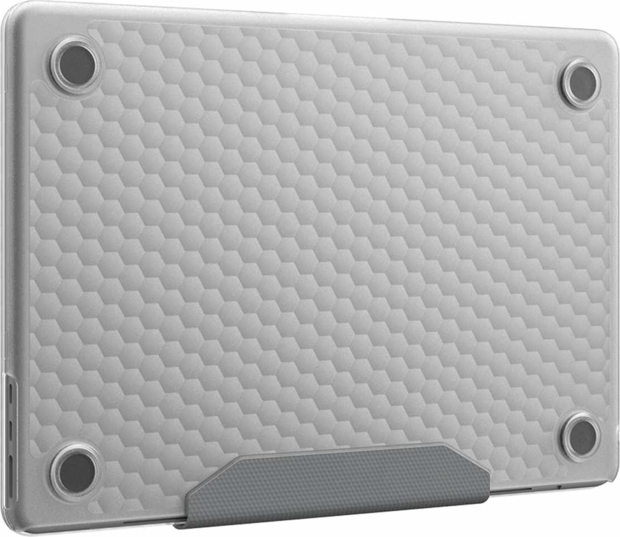 The UAG Essential Armor for Apple MacBooks is a one-piece, featherlight case featuring a translucent design, tactile grip, MIL-STD drop protection, and cooling vents for optimized performance.