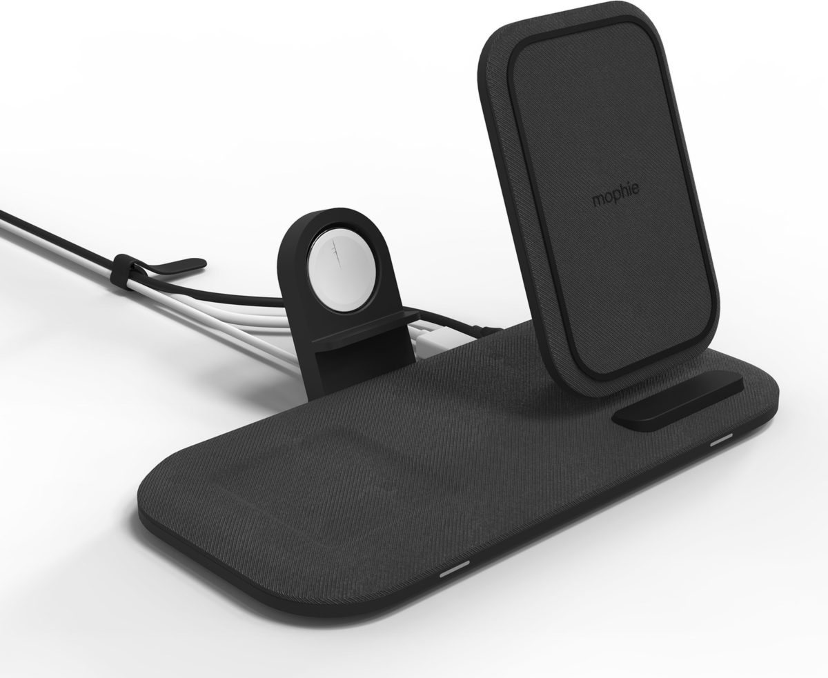 Charge up to three devices at once with mophie's Wireless Charging Pad, featuring a 15W charging cradle and a USB-A port for wired charging.