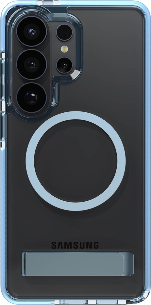 The ZAGG Santa Cruz Snap is a transparent case with pops of color that accent its design. It offers 13-foot drop protection, a sturdy kickstand that folds flush with the case.