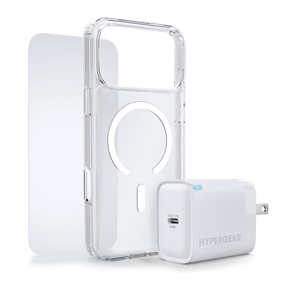 The HyperGear Accessory Bundle provides all the essentials to get started with a new phone: a clear MagSafe case, a screen protector, and a fast-charging 30W power adapter.