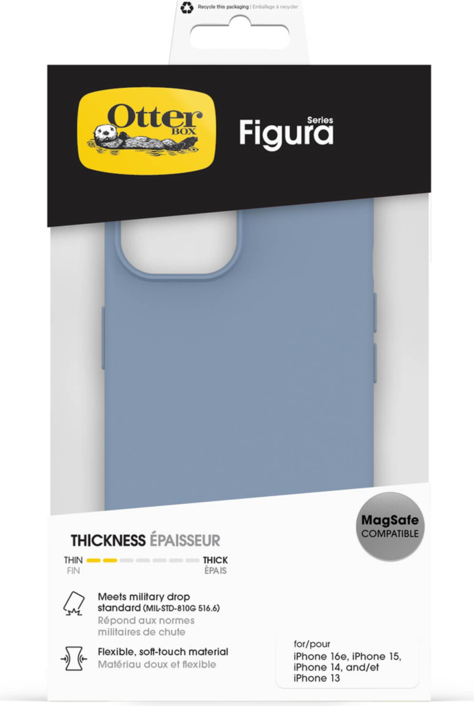 The OtterBox Figura Series blends a velvety-soft feel with ultra-slim protection, military-grade drop defense, MagSafe compatibility, and raised edges to guard the screen and camera.