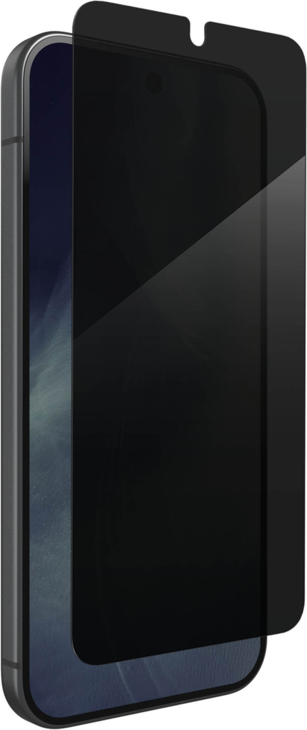 The ZAGG InvisibleShield Glass Elite Privacy Screen Protector has a two-way filter that protects screens from prying eyes, appearing black to anyone viewing the screen from the side.