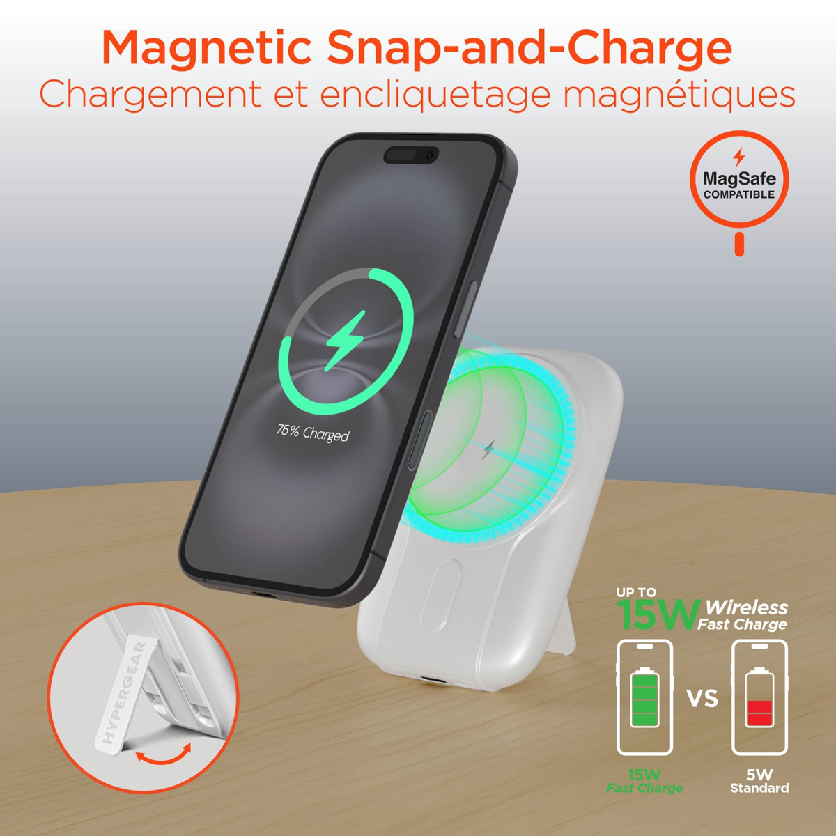 The HyperGear Mag Grip Go Power Bank offers versatile portable power with magnetic 15W wireless fast charging, built-in USB-C PD and Lightning cables, and a foldable kickstand.