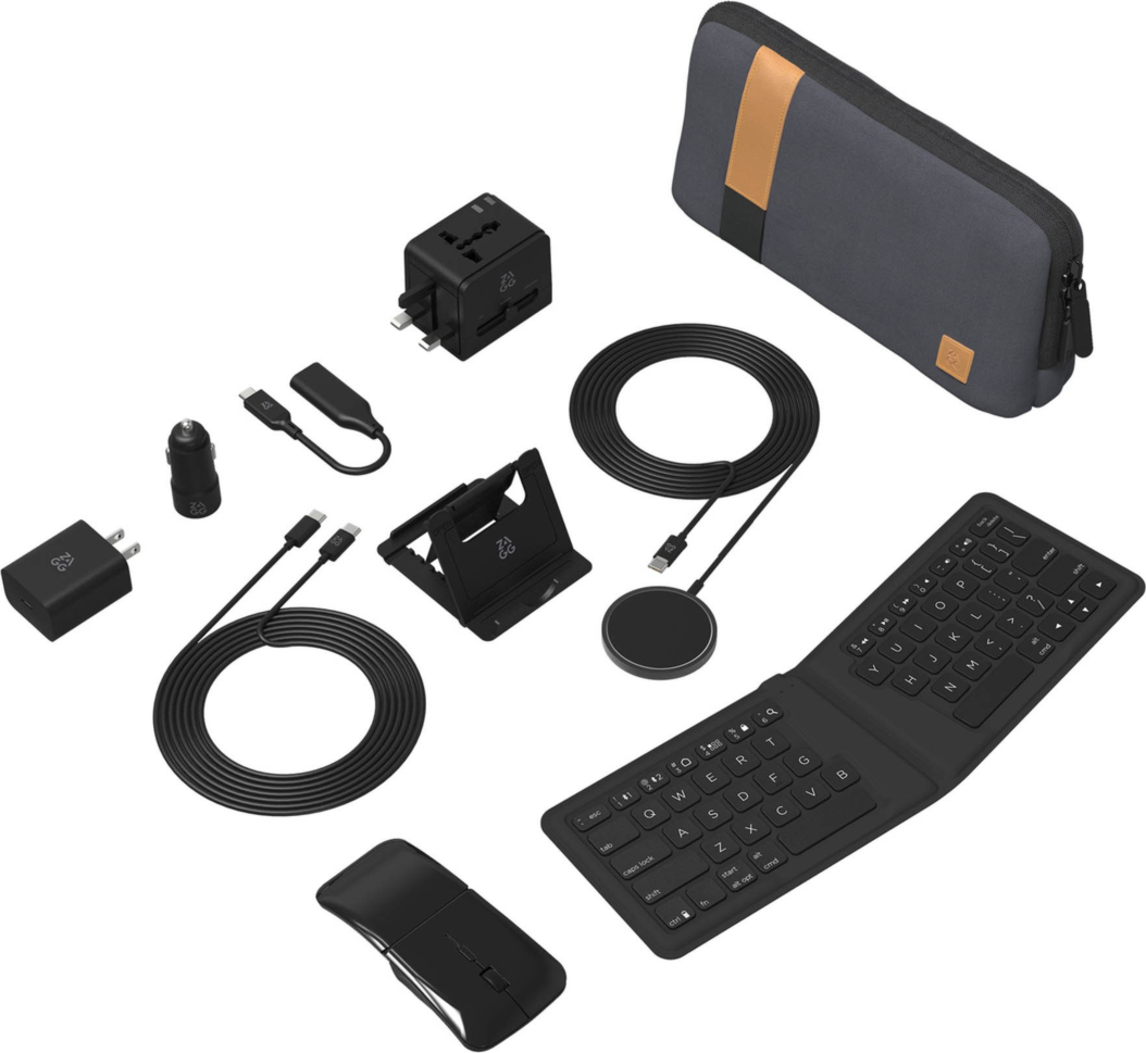 The ZAGG Desktop Essentials Travel Kit offers a complete, portable workspace solution with a folding keyboard, mouse, charging pad, and adapters.