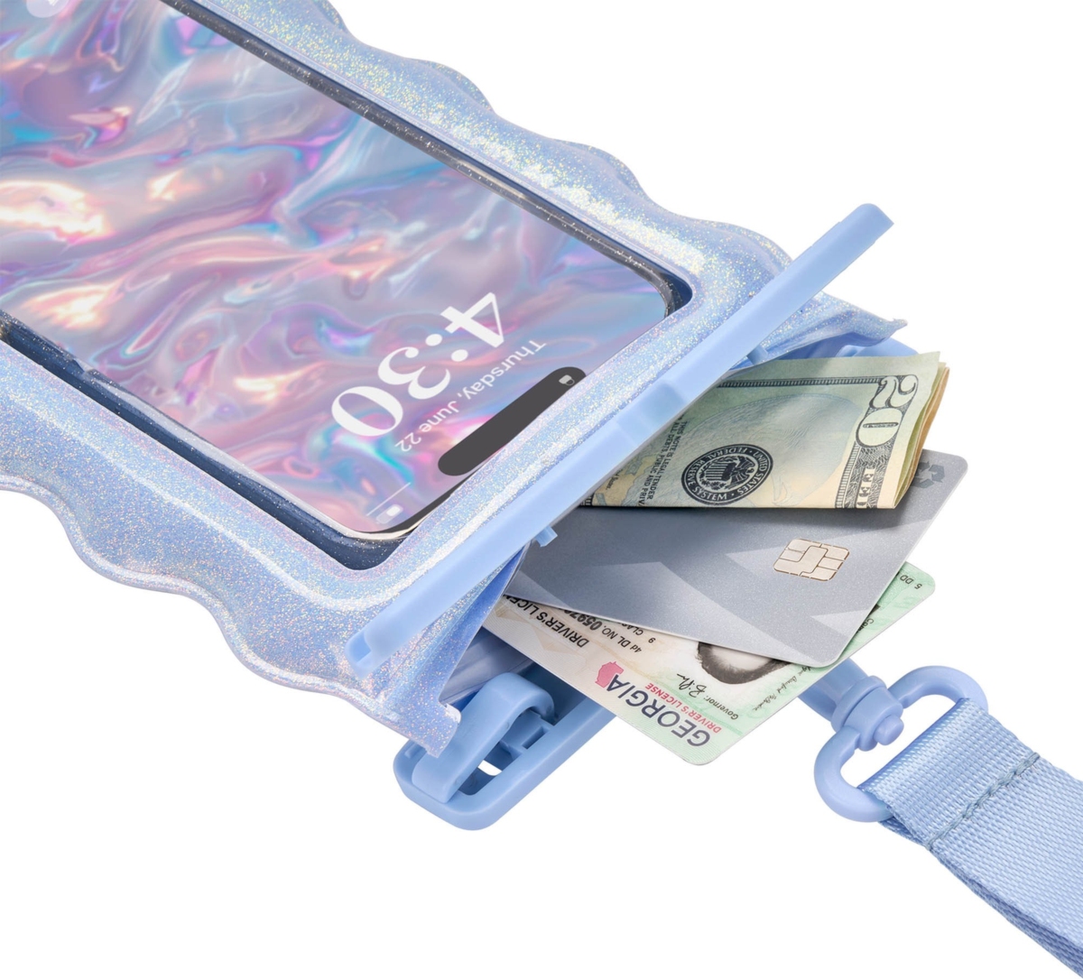 <p>The Case-Mate Floating Phone Pouch features a stylish twinkling glitter design and IP68 waterproof protection, allowing for underwater photos and easy touchscreen access.</p>