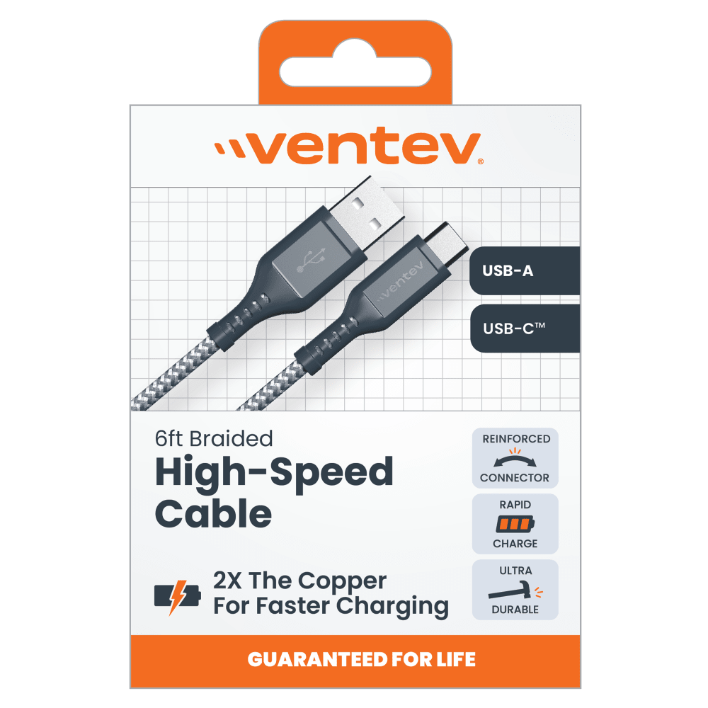 Ventev - High Speed USB A to USB C Braided Cable 6ft - Gray