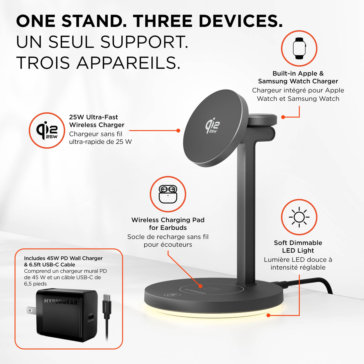 HyperGear MaxCharge Elite 3-in-1 Magnetic Wireless Charging Stand with Qi2.2 delivers up to 25W wireless charging for a phone, smartwatch, and earbuds simultaneously.