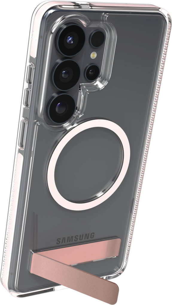 The ZAGG Santa Cruz Snap is a transparent case with pops of color that accent its design. It offers 13-foot drop protection, a sturdy kickstand that folds flush with the case.