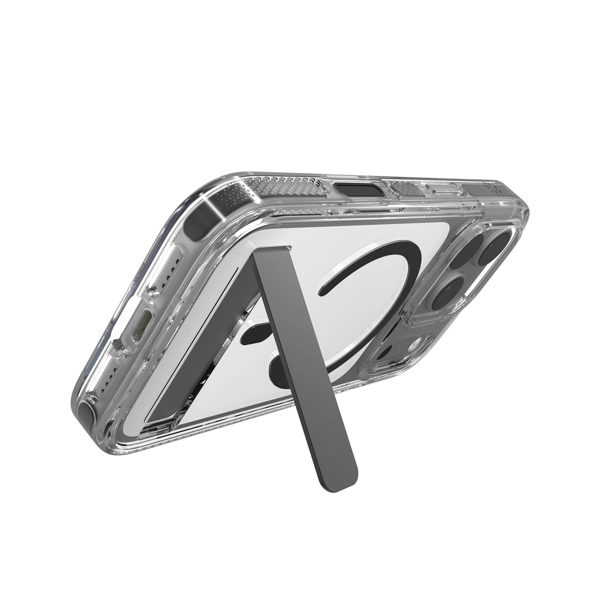 The ZAGG Santa Cruz Snap is a transparent case with pops of color that accent its design. It offers 13-foot drop protection, a sturdy kickstand that folds flush with the case, and is MagSafe compatible.