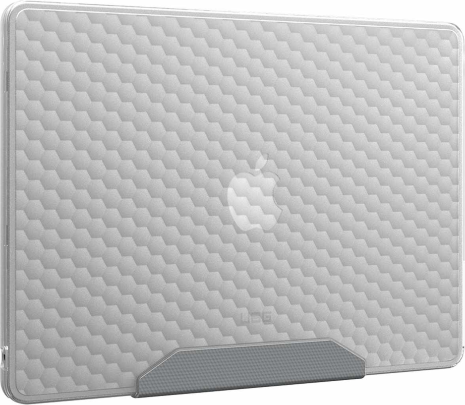 The UAG Essential Armor for Apple MacBooks is a one-piece, featherlight case featuring a translucent design, tactile grip, MIL-STD drop protection, and cooling vents for optimized performance.