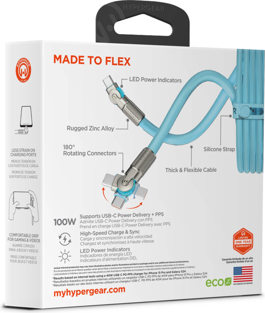The HyperGear Chunky180° 6ft USB-C to USB-C cable is 20X stronger than standard cables, provides fast charging performance and features dual 180° rotating tips which reduce strain on ports.