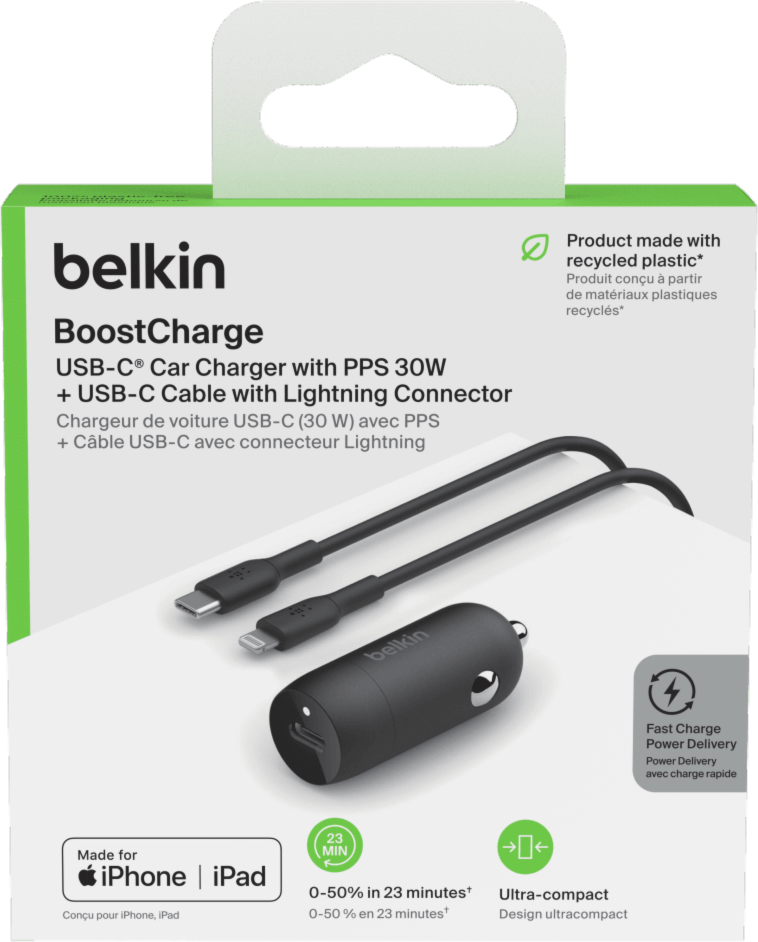 BoostCharge 30W USB-C PD PPS Car Charger and USB-C to USB-C Cable Black