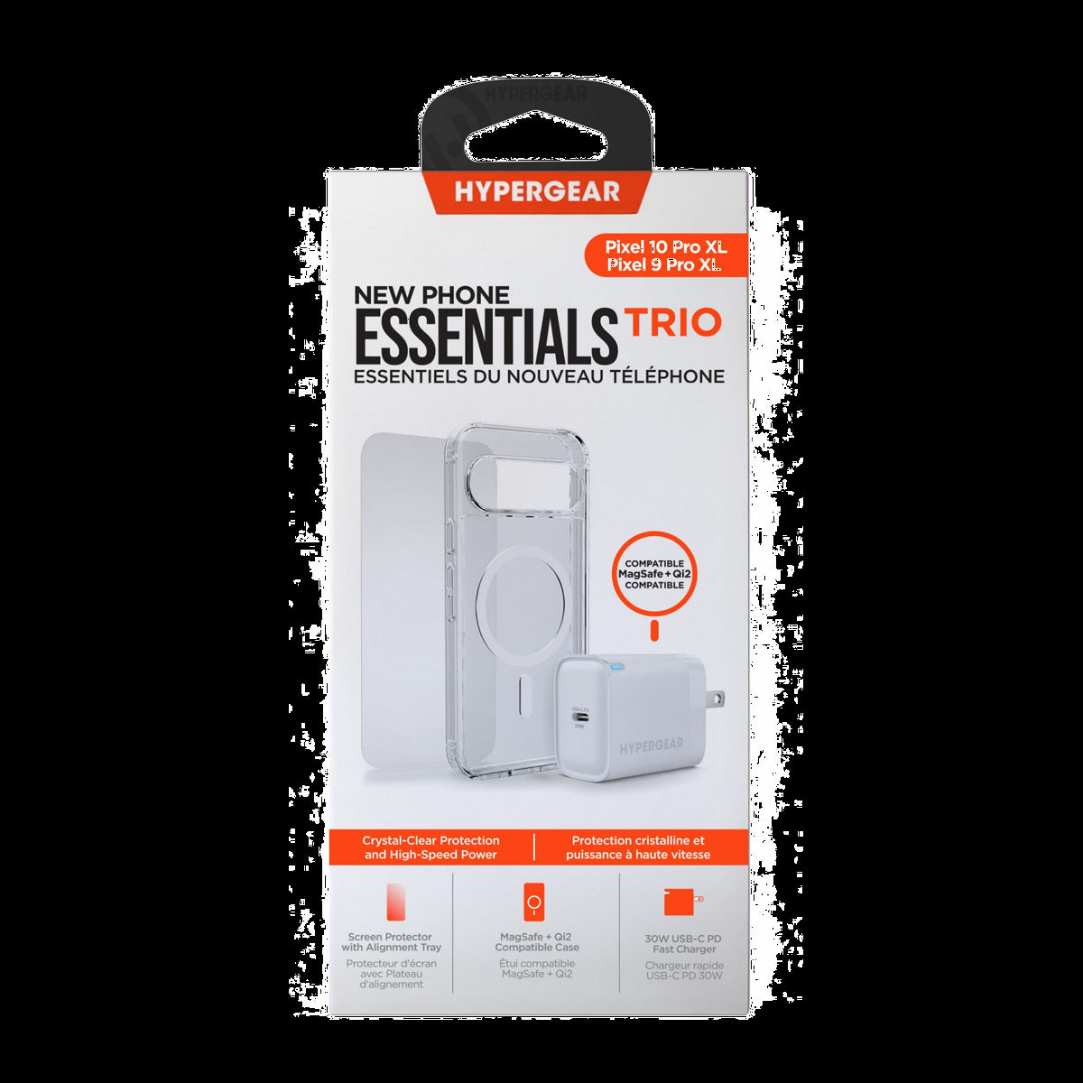 The HyperGear Accessory Bundle provides all the essentials to get started with a new phone: a clear MagSafe case, a screen protector, and a fast-charging 30W power adapter.